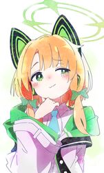  1girl animal_ear_headphones animal_ears blonde_hair blue_archive cat_ear_headphones fake_animal_ears green_eyes green_halo halo headphones ixy looking_to_the_side medium_hair midori_(blue_archive) solo upper_body 