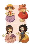  1girl 3boys afro antlers ascot black_hair blue_ascot blue_eyes blue_shorts blunt_bangs brook_(one_piece) chibi closed_eyes commentary_request cross crossed_legs cup devil_fruit hat highres holding holding_cup horns long_hair looking_at_viewer monkey_d._luffy multiple_boys nico_robin one_piece pants purple_pants red_shirt reindeer_antlers sandals shirt shorts skeleton sleeveless sleeveless_shirt smile straw_hat tokuura tony_tony_chopper 