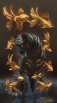  animal artist_name black_fur chiakiroart fish floating gold no_humans original tagme tail tiger water 