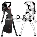  arm_up bad_id bad_pixiv_id black_footwear dress english_text greyscale grgr27 long_dress looking_up mirror_twins monochrome original ponytail shoelaces silhouette simple_background standing white_background 