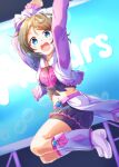  1girl bike_shorts blue_eyes boots bow hair_ornament highres looking_at_viewer love_live! love_live!_sunshine!! midriff miracle_wave naribee_(nton1263) navel skirt smile solo thighs watanabe_you 