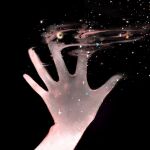  black_background crescent dissolving fingernails hand_focus highres original sae_sae simple_background space sparkle star_(sky) star_(symbol) 
