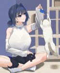  1girl black_hair blue_eyes blue_hair bow cat cat_teaser cat_tower crossed_legs detached_sleeves earrings eipanguino hair_intakes highres hololive hololive_english jewelry multicolored_hair on_lap ouro_kronii petting playing shirt short_hair sleeping sleeping_on_person sleeveless sleeveless_turtleneck smile turtleneck virtual_youtuber 