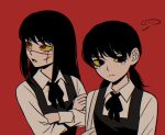  ... 2girls black_eyes black_hair chainsaw_man commentary cross_scar crossed_arms czy_(2894456992) fourth_east_high_school_uniform frown low_twintails mitaka_asa multiple_girls open_mouth red_background red_eyes scar scar_on_cheek scar_on_face scar_on_nose school_uniform spoken_ellipsis tears twintails yoru_(chainsaw_man) 