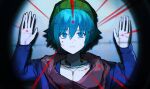  1boy beanie blue_eyes blue_hair blue_jacket choker closed_mouth expressionless gongbbang green_hat hands_up hat highres hiyori_sou jacket jewelry key key_necklace kimi_ga_shine laser laser_pointer_projection looking_at_viewer necklace red_scarf scarf solo sweat 