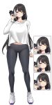  1girl absurdres alternate_costume black_hair black_pants bottle breasts commission expressions full_body girls_frontline heterochromia highres holding holding_bottle large_breasts long_hair multicolored_hair pants pinepin red_eyes ro635_(girls&#039;_frontline) shirt shoes simple_background smile sneakers sportswear streaked_hair tight_clothes tight_pants white_background white_hair white_shirt yellow_eyes yoga_pants 