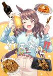  1girl alcohol animal_ears beer beer_mug belt beniimo_danshaku blue_shirt bottle breasts brown_hair cover cover_page cup doujin_cover ear_ornament food hair_ornament hairclip hands_up highres holding holding_cup holding_food horse_ears horse_girl horse_tail jewelry light_hello_(umamusume) long_sleeves looking_at_viewer medium_hair mug one_eye_closed open_mouth pendant pink_eyes shirt shirt_tucked_in skewer small_breasts solo tail translation_request umamusume underwear 