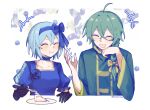  1boy 1girl ahoge aqua_hair ashe_bradley blue_bow blue_choker blue_dress blue_flower blue_gloves blue_hair blue_hairband bow braid cake choker claire_elford closed_mouth collarbone dress elbow_gloves flower food fork frilled_choker frills gloves green_jacket hair_between_eyes hair_bow hairband hand_on_own_chin hand_up highres holding holding_fork jacket nabob open_mouth plate puffy_short_sleeves puffy_sleeves short_hair short_sleeves single_braid smile twitter_username white_background wide_sleeves witch&#039;s_heart yellow_bow yellow_trim 