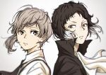  2boys akutagawa_ryuunosuke_(bungou_stray_dogs) ascot back-to-back black_coat black_hair black_necktie bungou_stray_dogs closed_mouth coat collared_shirt commentary_request floating_hair grey_eyes grey_hair highres looking_at_another male_focus multicolored_hair multiple_boys nakajima_atsushi_(bungou_stray_dogs) necktie norimizu shirt short_hair simple_background suspenders two-tone_hair white_ascot white_hair white_shirt yellow_eyes 