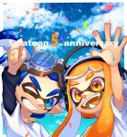  1boy 1girl anniversary blue_eyes blue_hair blue_sky border clouds commentary_request confetti copyright_name goggles goggles_on_head headphones highres inkling inkling_boy inkling_girl inkling_player_character long_hair one_eye_closed open_mouth orange_eyes orange_hair outside_border pointy_ears short_hair sky smile splatoon_(series) takiitoon teeth tentacle_hair waving white_border 