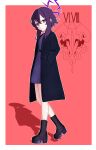  1girl absurdres belt blue_archive boots coat dress expressionless full_body halo hand_in_pocket haruka_(blue_archive) highres hururu_game long_sleeves looking_at_viewer purple_hair roman_numeral shadow short_hair_with_long_locks solo violet_eyes walking 