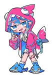  1girl absurdres animal_hood animal_slippers blue_eyes blue_footwear blue_hair blush_stickers coat collared_shirt fangs fins fish_skeleton_print fish_tail full_body hair_ornament hand_on_own_knee hand_up highres hood jitome long_hair looking_at_viewer multicolored_hair open_clothes open_coat open_mouth pink_nails pink_raincoat pointy_ears pouch print_shirt raincoat shark_fin shark_hood shark_slippers shark_tail sharkvox shirt sidelocks simple_background slippers solo star_(symbol) star_hair_ornament streaked_hair tail terada_tera white_background white_hair white_shirt 