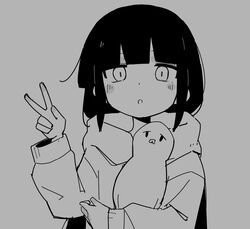  1girl :o animal bird blunt_bangs blush commentary face_of_the_people_who_sank_all_their_money_into_the_fx_(meme) fusazakura grey_background greyscale hand_up holding holding_animal holding_bird hood hood_down hoodie inabakumori lag_train_(vocaloid) long_hair long_sleeves looking_at_viewer low_twintails meme monochrome open_mouth osage_(nukunuku_nigirimeshi) pigeon revision simple_background solo twintails upper_body v vocaloid 