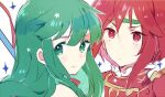 2girls closed_mouth commentary fire_emblem fire_emblem:_mystery_of_the_emblem green_eyes green_hair green_headband headband long_hair looking_at_viewer mbkmmm minerva_(fire_emblem) multiple_girls palla_(fire_emblem) red_eyes redhead short_hair sidelocks smile symbol-only_commentary upper_body white_headband 
