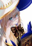  1girl absurdres aesc_(fate) aesc_(rain_witch)_(fate) blonde_hair blue_eyes book bow bowtie brooch cloak dress fate/grand_order fate_(series) glasses gold_trim hat highres holding holding_book jewelry long_hair long_sleeves looking_at_viewer portrait robe round_eyewear simple_background smile solo two-sided_fabric two-sided_headwear two-tone_sleeves white_background white_cloak white_robe wide_brim wide_sleeves witch_hat 