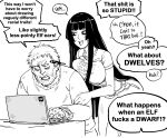  1boy 1girl absurdres bb_(baalbuddy) black_hair breasts computer english_text fight_club greyscale highres hime_cut hime_cut_wife_(baalbuddy) hug laptop large_breasts long_hair looking_at_object monochrome multiple_boys multiple_girls original shirt shorts speech_bubble typing 