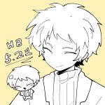  1boy atou_haruki chibi closed_eyes closed_mouth dated greyscale_with_colored_background jacket lemon04 male_focus multiple_views no_nose open_clothes open_jacket open_mouth saibou_shinkyoku short_hair simple_background smile sweater turtleneck turtleneck_sweater yellow_background 