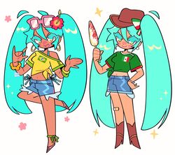  2girls aqua_eyes aqua_hair bandaid bandaid_on_knee bandaid_on_leg blue_shorts boots bracelet brazilian_flag brazilian_miku cowboy_boots cowboy_hat denim_shorts earrings exposed_pocket food green_shirt hat hatsune_miku highres holding holding_food hoop_earrings jack0ran jewelry long_hair mexican_flag mexican_miku midriff multiple_girls navel print_shirt sandals scrunchie shirt short_sleeves shorts shorts_tan simple_background tan tanlines tied_shirt tongue tongue_out very_long_hair vocaloid white_background wrist_scrunchie yellow_shirt 