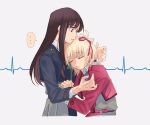  ... 2girls black_hair blonde_hair blue_dress cardiogram closed_eyes closed_mouth cropped_torso dress grey_background hair_ribbon hand_on_another&#039;s_stomach highres hug inoue_takina koyomania long_hair lycoris_recoil lycoris_uniform medium_hair multiple_girls nishikigi_chisato one_side_up parted_lips red_dress red_ribbon ribbon simple_background spoken_ellipsis upper_body violet_eyes yuri 