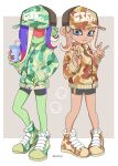  2girls agent_8_(splatoon) alternate_costume baseball_cap bike_shorts blue_eyes blue_hair border brown_footwear brown_hair brown_hat brown_jacket closed_mouth colored_skin colored_tips commentary_request cup dedf1sh double_v drinking_straw ear_piercing earrings full_body green_footwear green_hat green_jacket green_skin grey_background hat highres holding holding_cup hoop_earrings jacket jewelry long_hair multicolored_hair multiple_girls octoling octoling_girl octoling_player_character outside_border piercing print_headwear red-tinted_eyewear redhead sanitized_(splatoon) shoes simple_background splatoon_(series) splatoon_3 splatoon_3:_side_order standing sunglasses tentacle_hair tinted_eyewear two-tone_hair v white_border xxmarchxx 