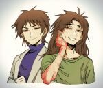  2boys brown_hair chinese_commentary closed_mouth commentary_request dual_persona film_grain green_shirt grin harada_minoru highres lab_coat long_hair long_sleeves male_focus multiple_boys open_clothes parted_bangs purple_sweater red_eyes saibou_shinkyoku scar scar_on_face shirt short_hair short_sleeves simple_background smile sweat sweater turtleneck turtleneck_sweater white_background zhainuxiuer 