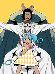  1girl 2boys aged_down black_hair blue_hair blush brown_hair cape chaka_(one_piece) child dress english_commentary facepaint head_scarf headband holding holding_weapon looking_at_viewer mistawolfie multiple_boys nefertari_vivi one_piece outstretched_arms pell ponytail signature simple_background smile tunic weapon yellow_background 