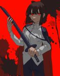  1girl blood brown_hair coat collared_shirt highres holding holding_sword holding_weapon kawaii_inu5 limbus_company looking_at_viewer project_moon red_eyes ryoshu_(project_moon) shirt short_hair slit_pupils solo sword weapon white_shirt 