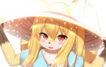  1girl :3 animal_ear_fluff animal_ears animal_nose arms_up bloom blue_shirt blush close-up ears_through_headwear fang fox_ears fox_girl fox_tail furry furry_female hat highres holding holding_clothes holding_hat horokusa_(korai) light_particles looking_at_viewer open_mouth original red_eyes shirt simple_background smile solo sun_hat sweat tail upper_body white_background 