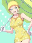  0aoiurn0 1girl blonde_hair commentary cowboy_shot dress earrings food-themed_earrings gloves green_hair hand_on_own_hip hat holding holding_umbrella jewelry lemon_earrings lemon_print light_blue_background looking_at_viewer miss_valentine one_piece short_dress sleeveless sleeveless_dress solo teeth umbrella upper_teeth_only white_gloves yellow_dress yellow_hat 