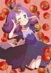  1girl acerola_(pokemon) apple armlet dress eating flipped_hair food fruit highres jumping medium_hair multicolored_clothes multicolored_dress one_eye_closed pokemon pokemon_sm pokemon_usum purple_dress purple_hair refisa solo solo_focus stitches topknot torn_clothes torn_dress violet_eyes 
