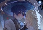  2boys aether_(genshin_impact) ahoge black_gloves black_shirt blonde_hair blue_cape blue_hat blue_sky blunt_ends blush braid buzheng61241 cape closed_mouth covered_collarbone elbow_gloves eyeshadow fingerless_gloves fingernails full_moon genshin_impact gloves gold_necklace gold_ring gradient_sky grey_sky hair_between_eyes hand_up hat highres jewelry jingasa leaf long_hair looking_at_another makeup male_focus mandarin_collar moon multiple_boys necklace night night_sky open_clothes open_vest outdoors purple_hair red_eyeshadow ring scaramouche_(genshin_impact) scarf shirt short_hair sky sleeveless sleeveless_shirt standing star_(sky) starry_sky upper_body v-shaped_eyebrows vest violet_eyes wanderer_(genshin_impact) white_scarf white_vest 