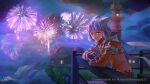  1girl :d aerial_fireworks animal_ear_fluff animal_ears brown_eyes brown_jumpsuit building clouds cloudy_sky commentary commission english_commentary fangs fireworks grey_hair jumpsuit long_sleeves looking_at_viewer nia_(xenoblade) night night_sky outdoors puffy_long_sleeves puffy_sleeves railing sky smile soc_nau solo twitter_username watermark xenoblade_chronicles_(series) xenoblade_chronicles_2 