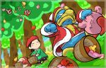  1girl adeleine anger_vein angry apple basket beret blank_eyes clenched_hand closed_eyes food forest fruit hat holding holding_basket king_dedede kirby kirby_(series) kirby_64 nature okiza_yuuri pom_pom_(clothes) red_hat teeth tree waddle_dee 
