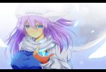 1girl blue_eyes breasts closed_mouth commentary_request hair_between_eyes hat highres large_breasts letterboxed letty_whiterock long_sleeves looking_at_viewer medium_hair nekominase scarf smile solo touhou upper_body violet_eyes white_hat white_scarf 