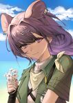  1girl absurdres animal_ear_piercing animal_ears arknights blue_sky chinese_commentary closed_mouth clouds collared_shirt commentary_request day fingernails flower fuhei09020529 green_shirt hair_intakes hair_ornament hairclip hand_up highres holding holding_flower horizon light_smile long_hair looking_at_viewer lutonada_(arknights) mouse_ears mouse_girl open_clothes open_shirt outdoors purple_hair shirt short_sleeves sky solo upper_body violet_eyes white_flower white_shirt 