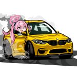  1girl :d blue_archive bmw bmw_m4 car collared_shirt drifting fang hair_between_eyes hair_ornament halo hashtag-only_commentary highres koyuki_(blue_archive) long_hair long_sleeves motor_vehicle nougat_(73r1r1) pink_eyes pink_hair pink_halo shirt sidelocks simple_background skin_fang smile solo twintails v-shaped_eyebrows vehicle_focus very_long_hair white_background white_shirt yellow_car 