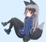 1girl animal_ears black_footwear black_hair black_pantyhose black_skirt blazer blue_background blue_jacket brown_eyes closed_mouth commentary extra_ears fox_ears fox_tail from_behind fur-trimmed_sleeves fur_trim grey_hair highres jacket kemono_friends leaning_back long_hair looking_at_viewer looking_back miniskirt multicolored_hair pantyhose pleated_skirt retsumaru shoes silver_fox_(kemono_friends) simple_background sitting skirt solo tail 