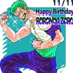  1boy bandana_around_arm biceps cowboy_shot dated flexing green_hair happy_birthday looking_at_viewer male_focus manda_op_jj one_piece pants roronoa_zoro short_hair solo sparkle toned toned_male 