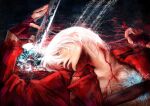  1boy blood coat dante_(devil_may_cry) devil_may_cry_(series) devil_may_cry_3 fingerless_gloves gloves highres holding lips male_focus nose photorealistic realistic rebellion_(sword) red_coat solo still_life sword uncle_and_nephew weapon white_hair 
