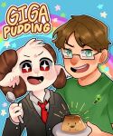  2boys animal_ears animification brown_hair commentary english_commentary english_text food furry furry_male giga_pudding glasses gomi_(gomiidd) highres holding holding_spoon horns jschlatt male_focus minecraft_youtube multiple_boys necktie open_mouth pudding rainbow rammie red_eyes red_necktie sheep_boy sheep_ears sheep_horns short_hair slimecicle smile smplive sparkling_eyes spoon suit 