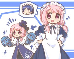  1girl :d apron bad_id bad_twitter_id blue_dress blue_hair blue_hat blue_necktie collared_dress commentary_request cosplay dress frilled_apron frills hands_on_own_hips hat juliet_sleeves long_hair long_sleeves looking_at_viewer magia_record:_mahou_shoujo_madoka_magica_gaiden magical_girl mahou_shoujo_madoka_magica mahou_shoujo_tart_magica maid maid_headdress melissa_de_vignolles melissa_de_vignolles_(cosplay) multiple_views musical_note necktie notice_lines open_mouth pink_eyes pink_hair puffy_sleeves reverse_(bluefencer) sidelocks smile solid_oval_eyes sparkle standing tamaki_iroha tamaki_ui weapon white_apron 