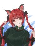  1girl animal_ears black_bow bow breasts cat_ears cat_girl dress green_dress hair_bow highres kaenbyou_rin kashiwada_kiiho looking_at_viewer multiple_hair_bows red_eyes redhead sketch smile solo touhou twintails white_background 