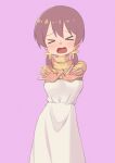  &gt;_&lt; 1girl brown_hair commentary_request dress easy_(aqk7bdqt) facing_viewer foreshortening light_blush long_hair long_sleeves low_twintails multicolored_hair murosaki_miyo onii-chan_wa_oshimai! open_mouth outstretched_arms purple_background redhead simple_background solo twintails two-tone_hair 