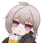  1girl ahoge black_gloves brown_jacket chibi commentary drinking_straw drinking_straw_in_mouth empty_eyes english_commentary english_text expressionless furrowed_brow girls_frontline gloves grey_hair hand_on_own_cheek hand_on_own_face highres jacket juice_box long_hair long_sleeves looking_at_viewer m200_(girls&#039;_frontline) solo upper_body violet_eyes yuga_pratama 