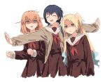  3girls :d aqua_eyes bad_id bad_twitter_id blonde_hair blue_eyes blue_hair brown_cardigan brown_dress bullfalk cardigan colored_tips crossed_bangs dark_blue_hair dress false_smile flower hair_flower hair_ornament hair_ribbon hasu_no_sora_school_uniform hinoshita_kaho light_blue_hair link!_like!_love_live! long_hair long_sleeves looking_at_another love_live! low_twintails medium_hair mole mole_on_neck multicolored_hair multiple_girls murano_sayaka neckerchief nervous_smile open_cardigan open_clothes open_mouth orange_hair osawa_rurino outstretched_arms parted_bangs pink_flower pleated_dress rabbit_hair_ornament red_neckerchief ribbon sailor_collar sailor_dress school_uniform shaded_face sidelocks simple_background smile spread_arms twintails two_side_up virtual_youtuber white_background white_flower white_sailor_collar winter_uniform 