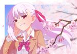  1girl blush bow bowtie breasts brown_jacket cherry_blossoms fate/grand_order fate_(series) grin hair_ribbon hibun_tsukasa highres jacket kama_(fate) large_breasts long_hair long_sleeves looking_at_viewer red_eyes ribbon school_uniform shirt smile solo white_hair white_shirt 