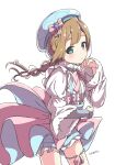  1girl aqua_eyes baba_konomi blush braid brown_hair character_name cowboy_shot dot_nose dress expressionless eyelashes frilled_dress frilled_sleeves frills hand_on_own_chin idolmaster idolmaster_million_live! idolmaster_million_live!_theater_days kuresuku_(lessons) long_hair long_sleeves looking_at_viewer looking_to_the_side official_alternate_costume parted_bangs parted_lips pink_ribbon pink_skirt ribbon sidelocks simple_background single_braid skirt solo white_background white_dress wind wind_lift 