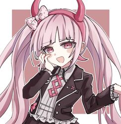  1girl blush bow danganronpa_(series) danganronpa_another_episode:_ultra_despair_girls fake_horns hair_bow hairband hand_on_own_cheek hand_on_own_face highres horns jacket long_hair long_sleeves looking_at_viewer open_clothes open_mouth pink_eyes pink_hair polka_dot rishaku_(user_cuwx8758) shirt skirt smile solo twintails utsugi_kotoko 