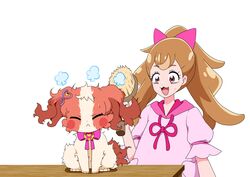  2girls @est@ blush bow brown_eyes brown_fur brown_hair brushing closed_eyes collar commentary_request dog hair_bow hair_brush hair_ornament hairclip highres inukai_iroha inukai_iroha_(dog)_(@est@) inukai_komugi long_hoodie multiple_girls precure shih_tzu wonderful_precure! 