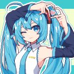 1girl ahoge amefu_luna arms_up blue_eyes blue_hair blue_necktie blush closed_mouth detached_sleeves hatsune_miku heart heart_hands highres long_hair long_sleeves looking_at_viewer necktie one_eye_closed pixel_art smile solo twintails vocaloid 